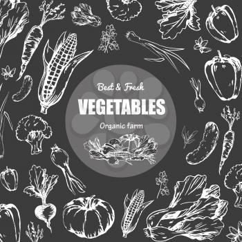 Best and fresh vegetables grown at organic farm black and white poster. Healthy vegeterian food outline silhouettes vector illustrations.