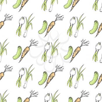 Green cucumber, healthy carrot and spicy leek endless texture. Organic vegetables vector illustration seamless pattern, healthy food concept