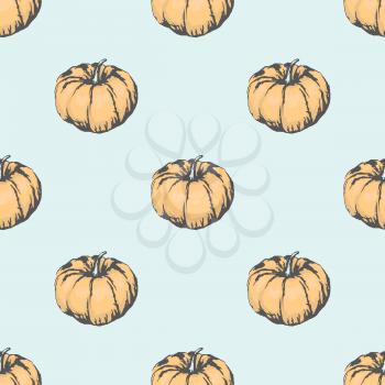 Big ripe pumpkin isolated vector illustration in seamless pattern on blue background. Delicious sweet gourd plant inside endless texture.