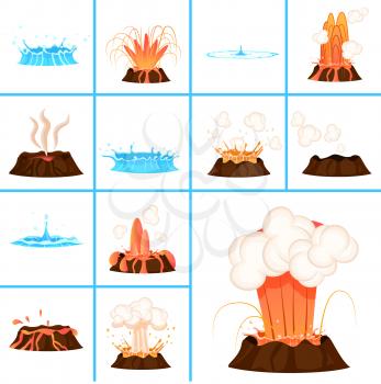 Hot burning lava from volcano and clear blue water big and small splashes isolated cartoon vector illustrations set on white background.