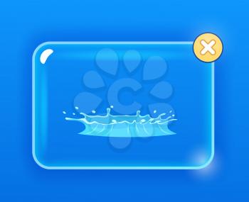 Blue Geyser flow of water from under earth hand drawing on navy background. Aqueous stream with splashes on glass screen with closing cross button. Vector illustration of hot spring flat design