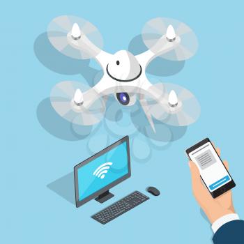 Flying quadcopter, computer and man hand with phone on blue background. Vector illustration of aerial drone with camera, electronic brain with sign of WI-FI, black telephone and message on screen.