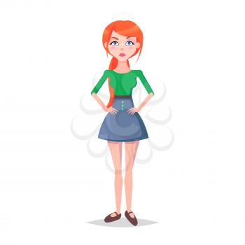 Woman with hands on waist isolated on white. Frustrated redhead girl avatar userpic in flat style design. Vector illustration of upset human emotion in green blouse and blue skirt. Angry lady