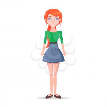 Tense young woman illustration. Beautiful redhead girl in blouse and skirt with serious face expression and clenched fists standing straight isolated flat vector. Emotional female cartoon character