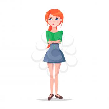 Skeptic young woman illustration. Beautiful redhead girl in blouse and skirt standing with with suspicious face expression and arms crossed isolated flat vector. Emotional female cartoon character