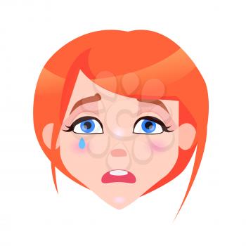 Woman crying face with pink cheeks and tear isolated on white background. Frustrated redhead girl avatar userpic in flat style design. Vector illustration of upset human emotion close up portrait