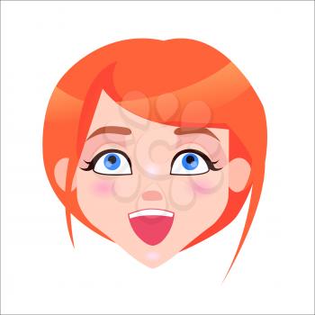 Young woman laughing face icon. Pretty redhead girl with flush and blue eyes joyfulness facial expression isolated flat vector. Female cartoon portrait illustration for women positive emotion concept