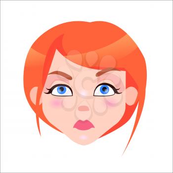 Young woman serious face icon. Pretty redhead girl with flush and blue eyes strictness facial expression isolated flat vector. Female cartoon portrait illustration for women emotions concept
