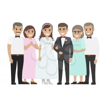 Wedding day web banner of newlyweds couple and their parents. Beautiful young newly-married groom and bride with mother and father. Love people and wedding. Engagement ceremony vector illustration