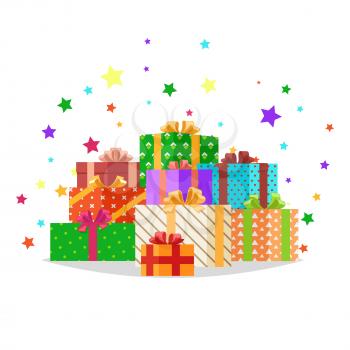 Mountain heap of gift boxes and bright sparkles behind them. Bunch of colorful presents of different shape on white with stars around them. Isolated vector illustration in flat cartoon style