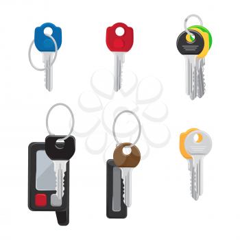 Keys set vector illustration of six keys of different color, shape and for different purposes two single keys from dwelling, two bunches of keys and two car keys isolated on white background.