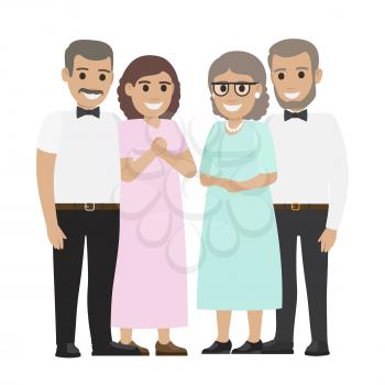 Two middle-aged pair standing together flat vector. Smiling spouses characters in elegant clothes isolated on white background. Happy parents-in-law illustration for wedding and family holiday concept