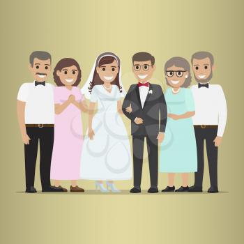 Newly married couple with parents-in-law. Smiling bride and fiance standing with their parents flat vector on gradient background. Happy family on wedding ceremony illustration for invitations design