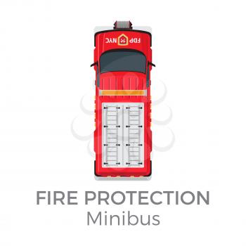 Fire protection minibus car service means of transportation isolated on white background. Vector city transport icon, red fire car for firefighting , top view on vehicle in cartoon style flat design