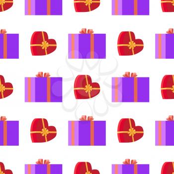 Wrapping paper with red and violet gift boxes with yellow and purple ribbons in square and heart shapes on white. Seamless festive pattern for decorating objects. Endless vector decorative fabric