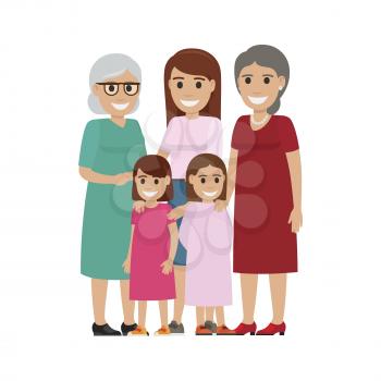 Two little sisters standing with their happy mother, grandmother and grand grandma flat vector isolated on white background. Four generations of women illustration for family values concepts