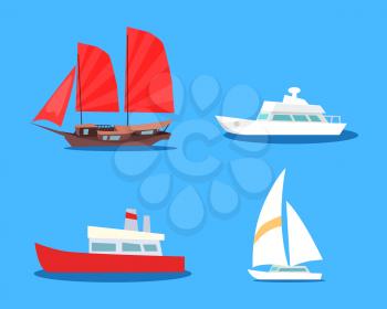 Set of various civil sailing and motor vessels icons. Asian junk ship sailing with speed modern boats isolated flat vectors. Sea transport collection illustrations for logos or wed design