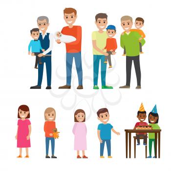 Fathers and grandfathers holding newborn, toddler and babies on hands and back vector poster. Little female and male children standing near table with boy and girl at table with Birthday cake