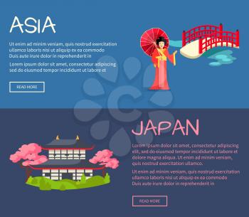Set of Asia and Japan web banners. Geisha with umbrella near bridge and pagoda in cherry bloom flat vector illustrations. Horizontal concept with Asia related symbols for travel company landing page