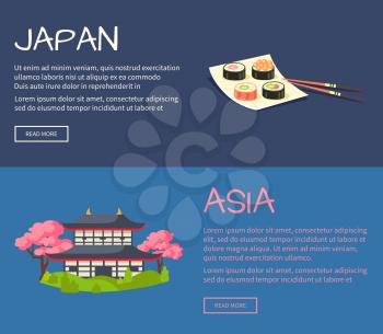 Set of Asia and Japan web banners. Sushi rolls on square plate and pagoda in cherry bloom flat vector illustrations. Horizontal concepts with Asia related symbols for travel company landing page