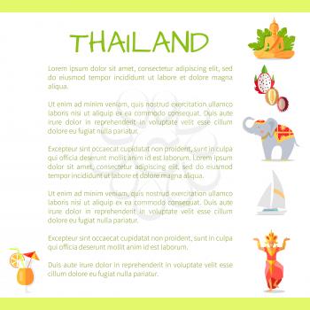 Thailand touristic banner with national symbols and sample text. Thai cultural, architectural and nature attractions flat vector illustration. Vacation in exotic country concept for travel company ad