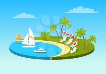 Tropical beach on sunny ocean shore circle concept. Sea coast with yachts on water and lounge chairs with umbrellas on the beach under palm trees flat vector illustration. Leisure on exotic island