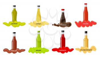 Set glass bottles with hot sauces. Sauce bottles with strips of spilled seasonings flat vector illustration isolated on white. National cuisines spicy ingredients collection for icons, logos and web  
