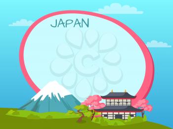 Japan inscription on tag near traditional asian building, sakura tree and high mountains on green grass. Vector illustration of oval label for writing and japanese signs below in flat style.