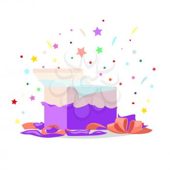 Open purple gift box with bow and stars that pop-up out of it on white. Salute fireworks elements behind the box with surprise. Celebrate holidays and exchange gifts isolated vector illustration.