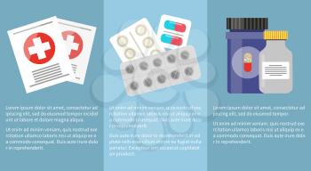 Medicine icons collection with text information below. Pills and capsules in special plates, grey and blue bottles with medicines inside and two things with white crosses on red circles vector poster