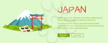 Japan vector web illustration with written text and high mountain, torii gate, sushi set on square plate with chopsticks near on light green background. Japanese traditional oriental symbols