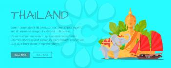 Thailand conceptual web banner. Monument of meditating Buddha with elephant and junk ship flat vector illustration. Horizontal concept with asia related symbols for travel company landing page