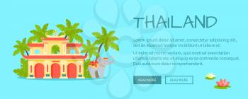 Thailand touristic web banner. Ancient thai temple and elephant in ornamented cape in jungles flat vector illustration. Leisure in tropical country horizontal concept for travel company landing page