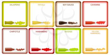 Sauce bottle collection in square white icons with colourful frames. Vector poster of lying bottles with running out yellow, red habanero, green wasabi and jalapeno, brown chipotle, red cayenne etc.