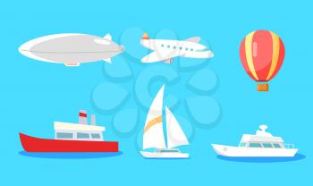 Means of transportation for flying and for water vector collection on blue background. White airship and passenger plane, yellow-red balloon, white and red ship, light yacht signs in flat style