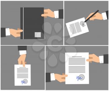 Signing contract stages picture collection on grey background. Vector poster of hands holding dark folder, writing signature by pen on white paper with text, passing documents to another hand