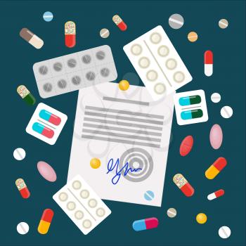 Scattered pills with drug prescription flat vector. Variety types of drugs, color dragees, gelatin capsules and pills in blister packs with doctors permit illustration. Pharmaceuticals goods concept
