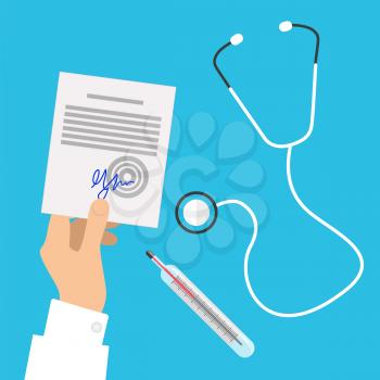 Medical stethoscope, transparent thermometer showing temperature and hands in white clothes holding white prescription list with blue signature on blue background. Vector picture of medical things