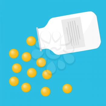 Pills spilling from white bottle on blue background. Isolated medical special jar with grey label and scattering smooth round yellow medicines vector illustration in flat style. Healthy vitamins