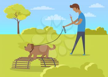Young boy walking with dog in park and paying attention only on smartphone. Vector illustration of male person spending time in park with dog on lead on green grass and trees in good weather.