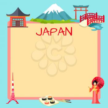 Japan touristic banner with national symbols and sample text. Japanese cultural, architectural and nature attractions flat vector illustration. Vacation in exotic country concept for travel company ad