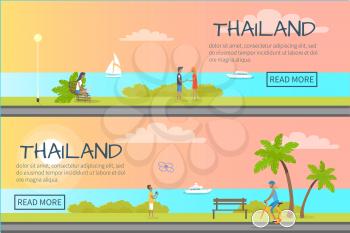 Thailand colourful web banner with written information and relaxing people. Sunset view on beach with young couple in love, girl sitting on wooden bench using laptop and female person riding bike
