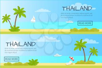 Thailand touristic web banner. Sunny beach with palms, chaise lounge and yachts in ocean flat vector illustration. Leisure in tropical country horizontal concept for travel company landing page