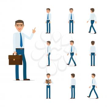 Businessman character collection moving steps. Male with suitcase, book, in motion. Vector poster of man in light shirt, blue tie and trousers in standing and going in cartoon style design
