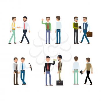 Businessmen working concept vector collection on white. Vector illustration of male characters people shaking hands, passing money, going with bag, holding dark umbrella, pointing on jotter.