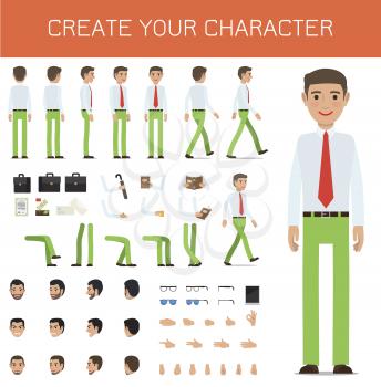 Create your character businessman collection on white. Vector infographic poster of full length male person portrait and his poses, black bags, bent arms with objects and legs, faces with emotions