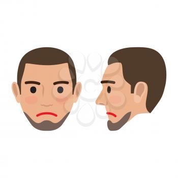 Sad man avatar user pic. Vector illustration of front and side view of upset person. Male head with disappointed facial expression. Adult profile icon with angry face, character in bad mood