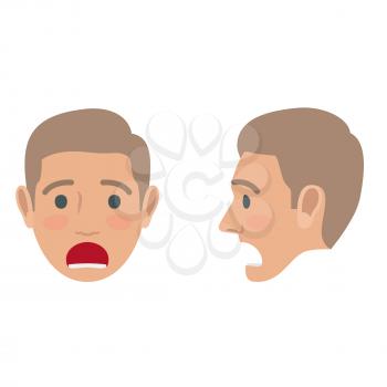 Shocked man avatar user pic. Vector of front and side view of person troubled boy with open mouth. Male head with disturbed facial expression. Adult profile icon with worried face, character mood