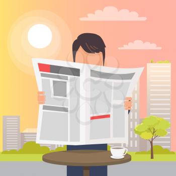 Man holding and reading open newspaper near round table on long stick and white cup of coffee on it. Vector illustration of city sunset view and urban life on background, man spending time outside