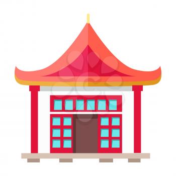 Oriental type of building with ruddy triangular roof, two columns and many little blue windows with red frame in flat design. Vector illustration of isolated dwelling in asian style on white.